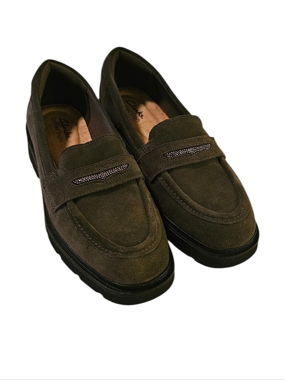 💥NWOT- Clarks Leather Upper Women's Dark Olive Penny Loafers